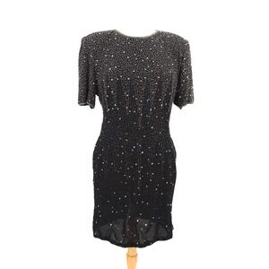 LAURENCE KAZAR Silk Bead & Sequin Dress Size PXL Black Party Cocktail Formal VTG